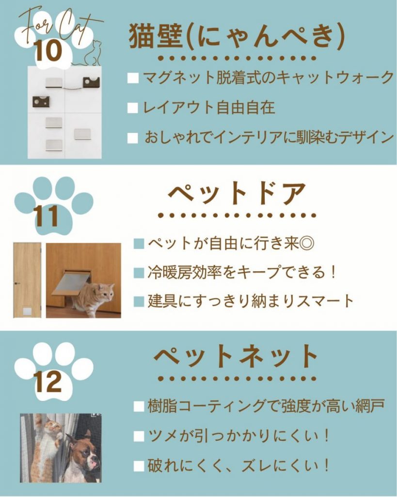 10.猫壁(にゃんぺき) 11.ペットドア 12.ペットネット